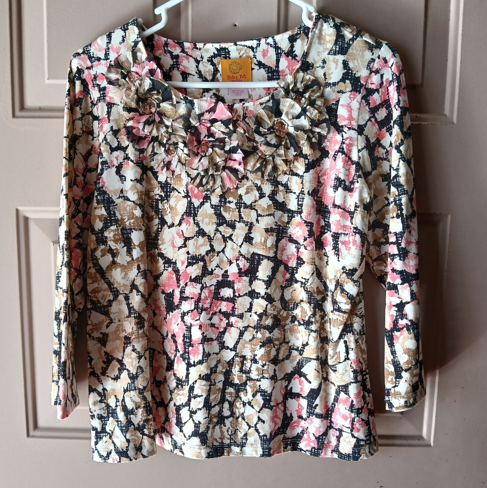 Ruby Rd. Pink and Brown Abstract Floral Blouse